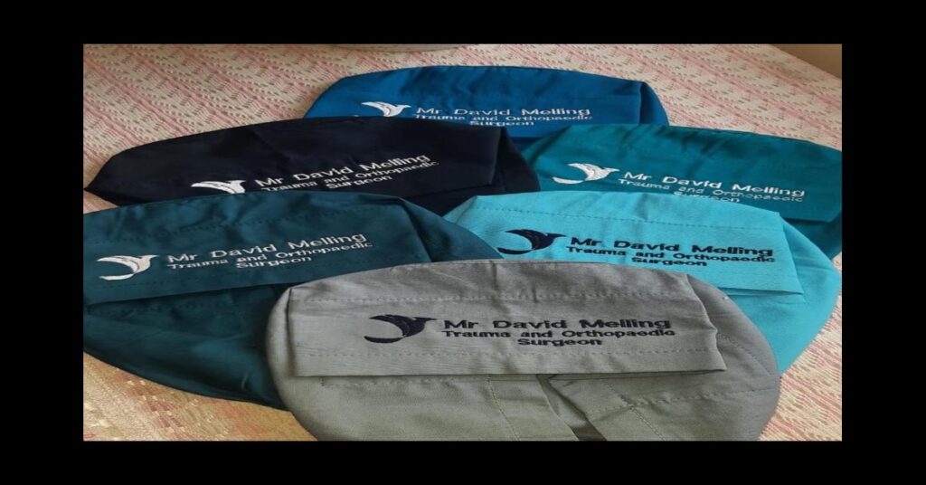 Custom embroidered scrub caps with doctor name in multiple colors