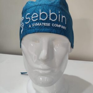Custom embroidered scrub cap with Sebbin company logo branding